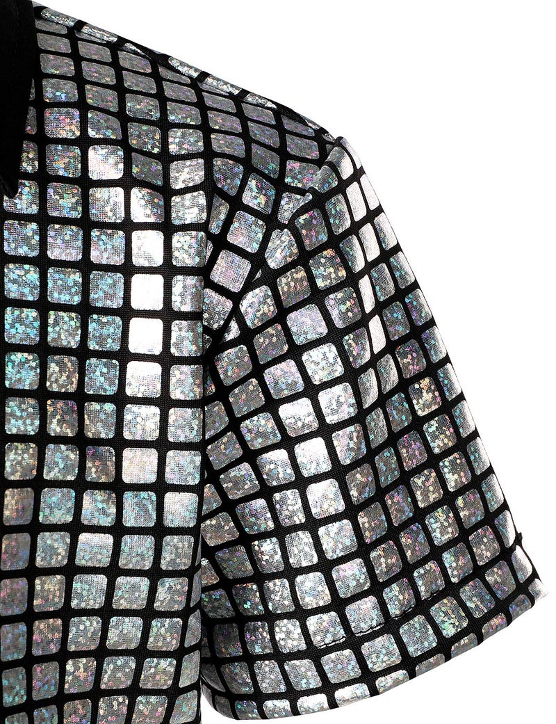 JOGAL Boy's Dress Shirt Sequins Button Down Shirts 70s Disco Party Costume 10 Silver - Image 4